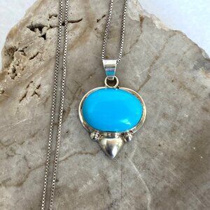 VTG Sterling Silver 925 Taxco Mexico Turquoise Cabochon Pendant Necklace 18"